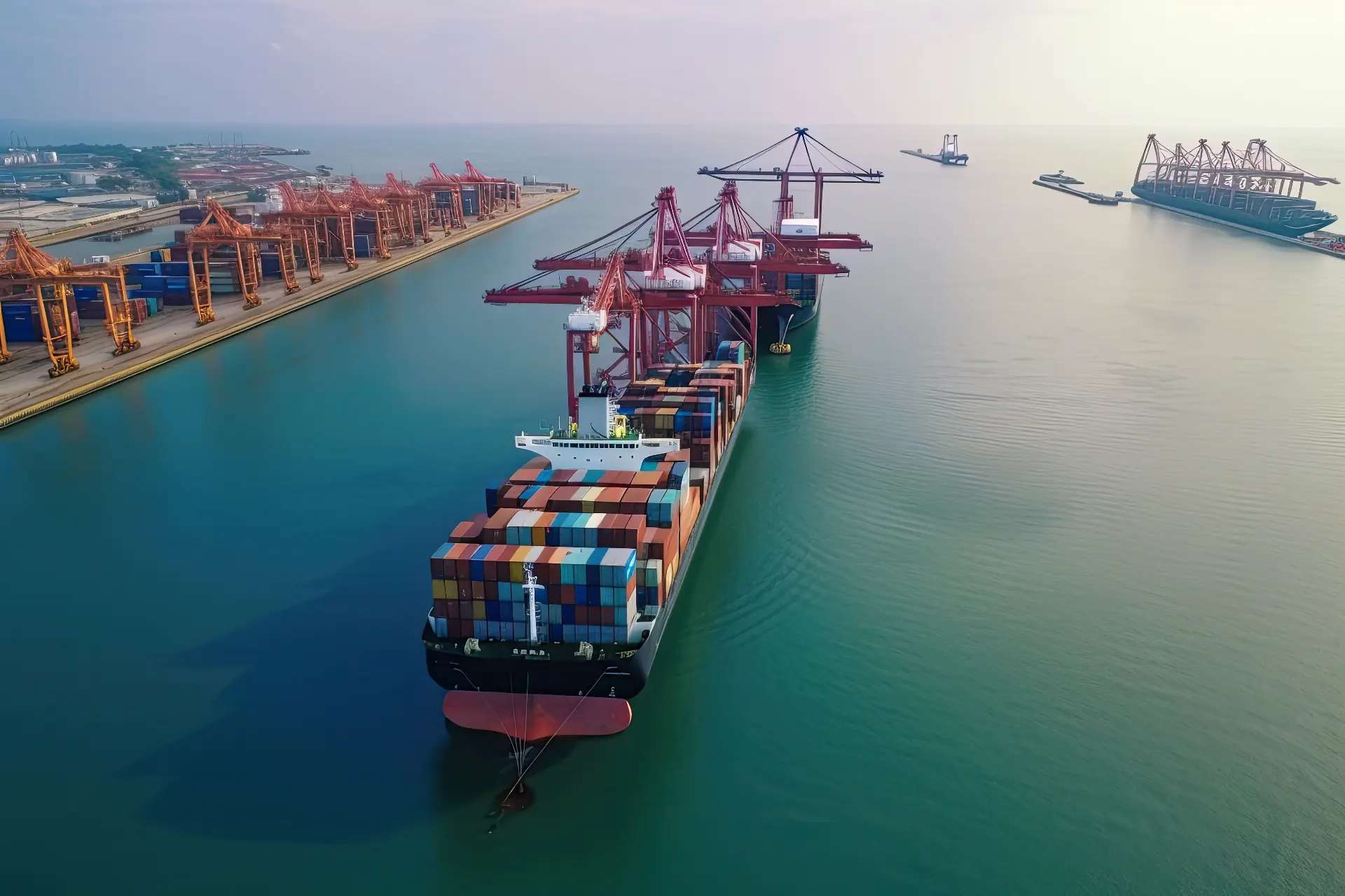 International container cargo ship at harbor with freight transportation and shipping operations